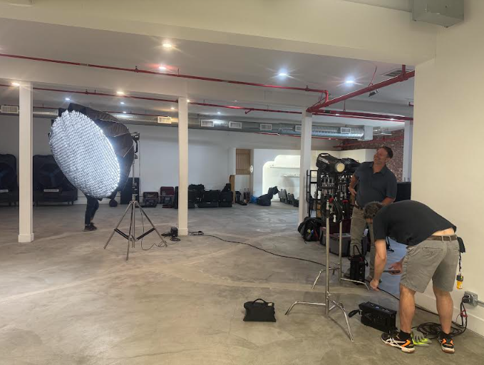 Film production lighting setup inside the warehouse